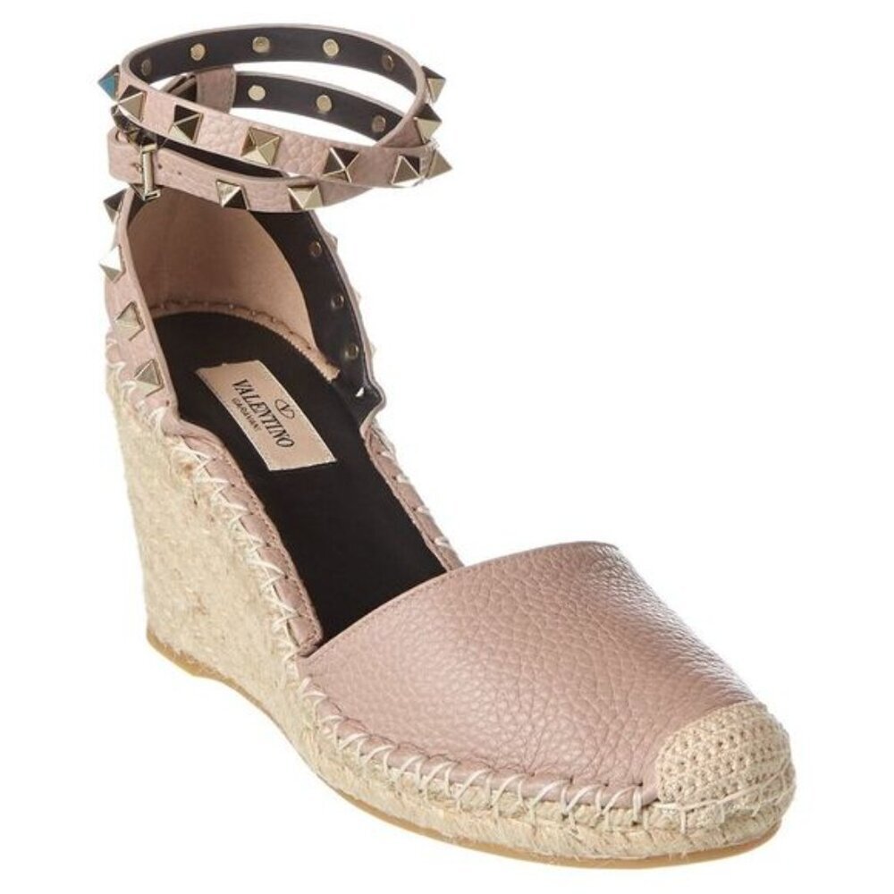 Valentino Rockstud 85 Grainy Leather Wedge Sandal, Pale Pink 41